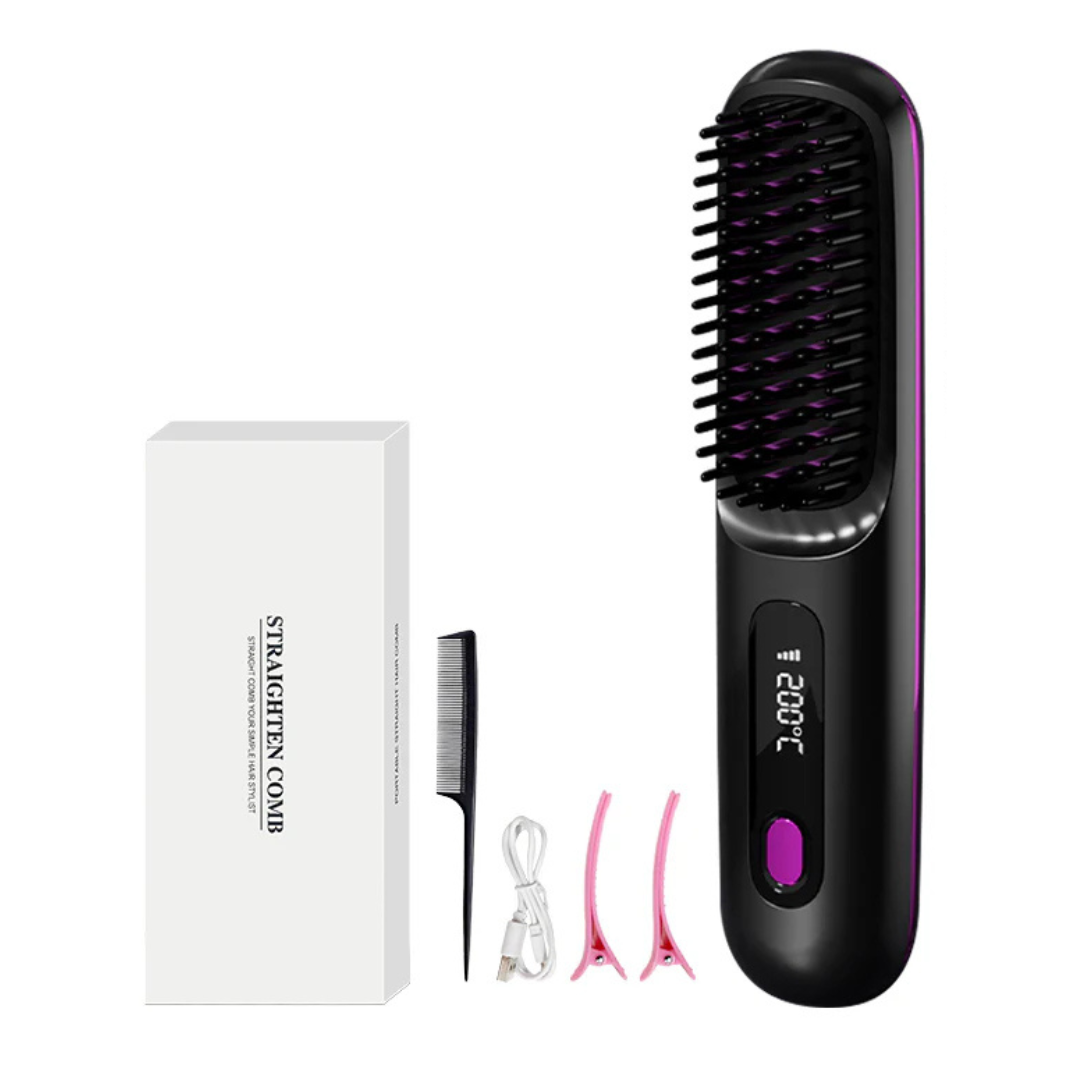 Cepillo alisador inalámbrico GlowBrush negro con caja, peine, cable USB y pinzas