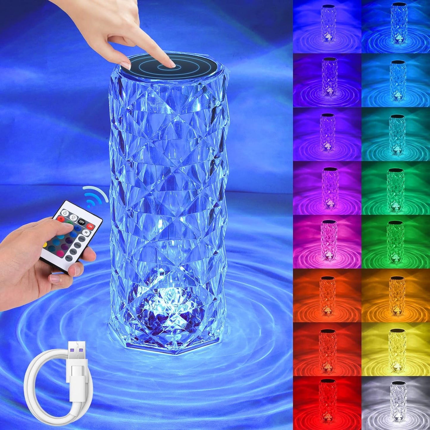 Lámpara de mesa con cristal efecto diamantes,RGB 16colores